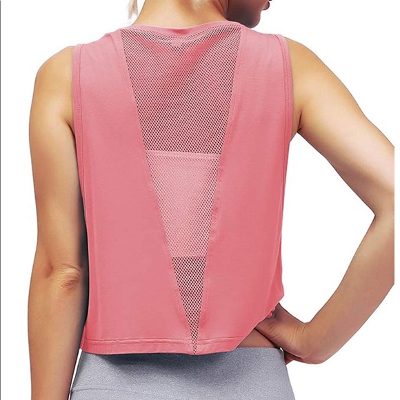 Women’s Cropped Muscle Tank Flowy Mesh Workout Top Size Small Rose Pink Like New - Picture 12 of 15